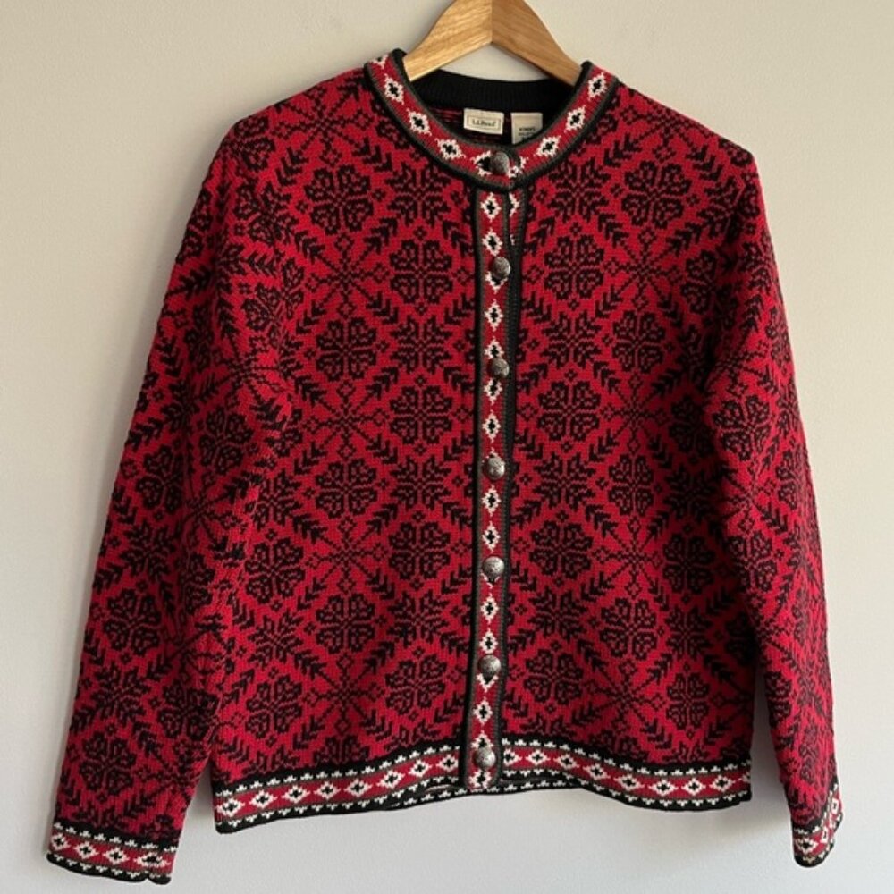 L.l.Bean Red and Black Norwegian Style Cardigan size M